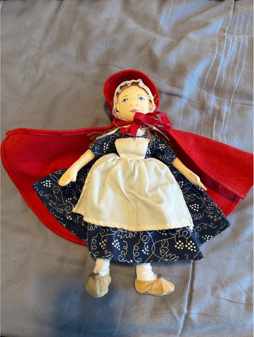 Vintage Little Red Riding Hood Cloth Doll Hand Painted Face Red Felt Cape Calico